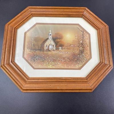 VINTAGE HOMCO WOOD FRAMED UNDER GLASS OCTAGONAL PRINT "COUNTRY CHURCH"