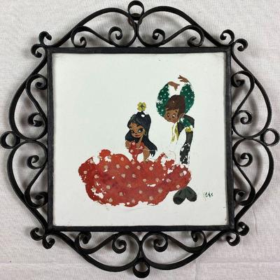 VINTAGE HAND PAINTED12 X 12 IRON TRIVET WITH CERAMIC TILE