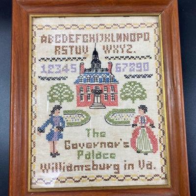 VINTAGE WILLIAMSBURG "GOVERNORS PALACE" CROSS STITCH FRAMED 11 X 14