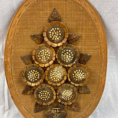 Filipino Wall Hanging Carved Coconut Shell Flowers Burlap And Wood