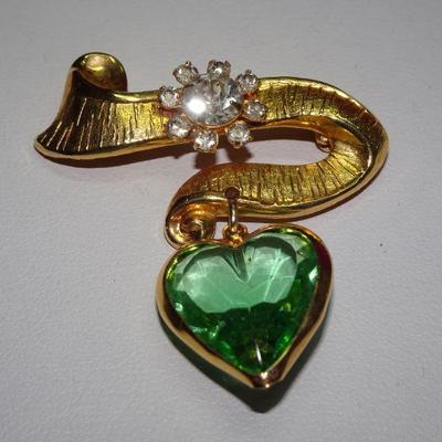 Gold Tone Rhinestone Green Heart Brooch, Swirl Pin 