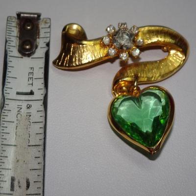 Gold Tone Rhinestone Green Heart Brooch, Swirl Pin 