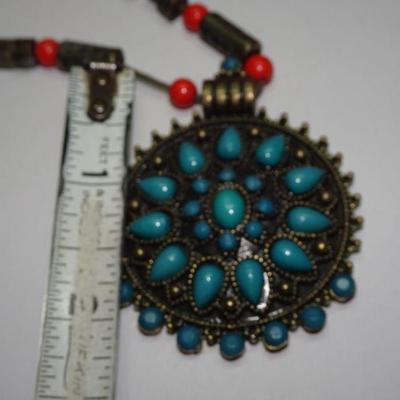 Turquoise Color Southwestern Style Pendant Necklace, Statement Piece 