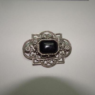 Black Victorian Style Brooch Pendant, Silver Tone