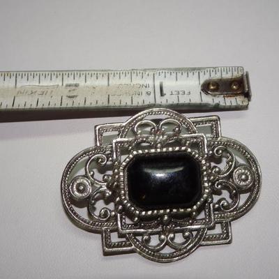 Black Victorian Style Brooch Pendant, Silver Tone