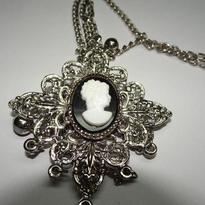Over-Sized Cameo Pendant, Victorian Style Necklace, Dickens Cameo 