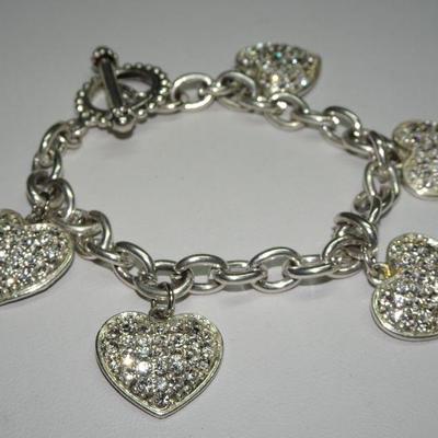 Silver Tone Rhinestone Heart Bracelet 