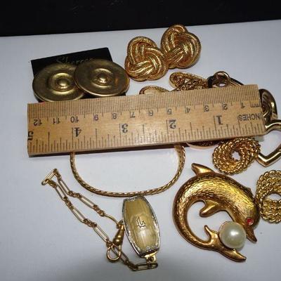 Gold Tone Jewelry Lot, Earrings, Bracelet, Key Ring, Watch Fob Chain, Brooch 