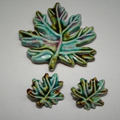 MCM Ceramic Leaf Brooch & Earrings, Screwback 