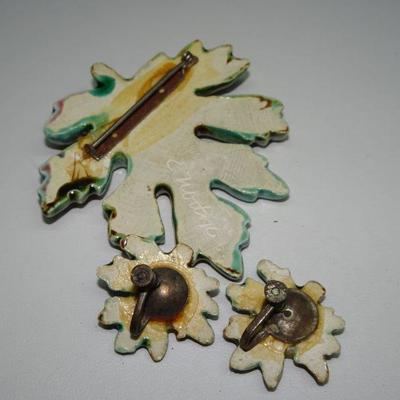 MCM Ceramic Leaf Brooch & Earrings, Screwback 
