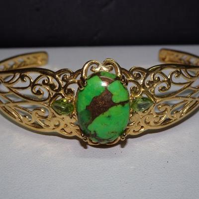 Gold Colored Turquoise 925 Bracelet, Peridot Accent Stones 