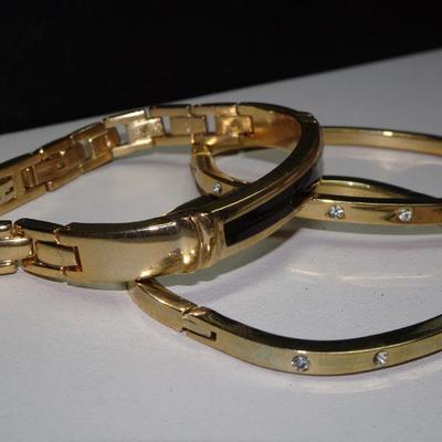3 Gold Tone Bracelets, Rhinestone, Black Enamel 