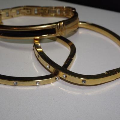 3 Gold Tone Bracelets, Rhinestone, Black Enamel 