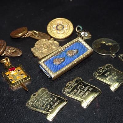 Misc. Gold Tone Charms, Fraternal Pins, Cuff Links Lot 20