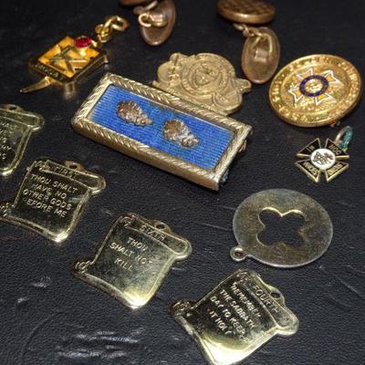 Misc. Gold Tone Charms, Fraternal Pins, Cuff Links Lot 20