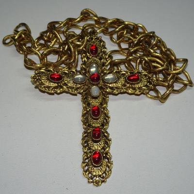 Gorgeous Gold & Red Statement Cross Necklace Pendant