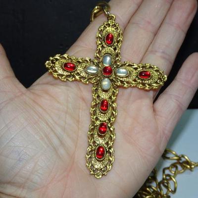 Gorgeous Gold & Red Statement Cross Necklace Pendant
