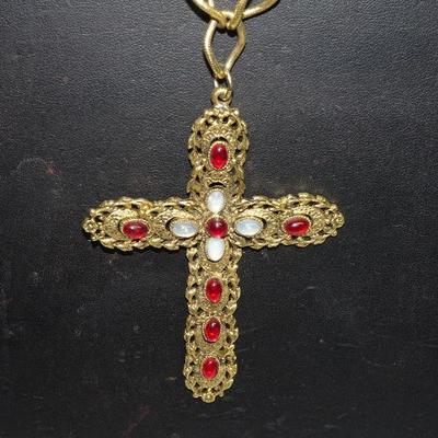 Gorgeous Gold & Red Statement Cross Necklace Pendant