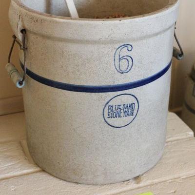 Lot 91 6 gal Blue Sand Stoneware Crock w/ Wood Handles