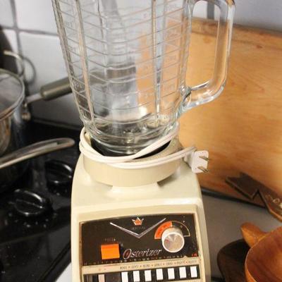 Lot 111 Vintage Osterizer Blender, Platters, Stoneware, Sears Carving Knife