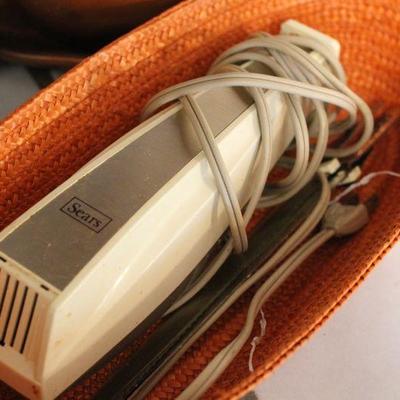 Lot 111 Vintage Osterizer Blender, Platters, Stoneware, Sears Carving Knife