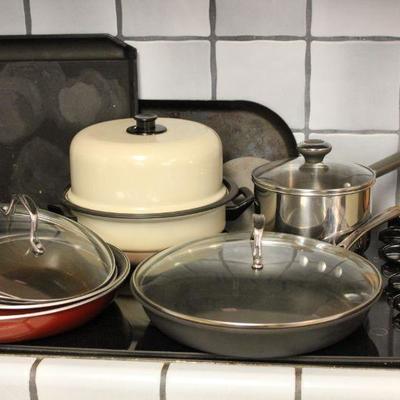 Lot 113 Pots & Pans; Calphalon, Tramontina, Porcelain Enamel, Griddles