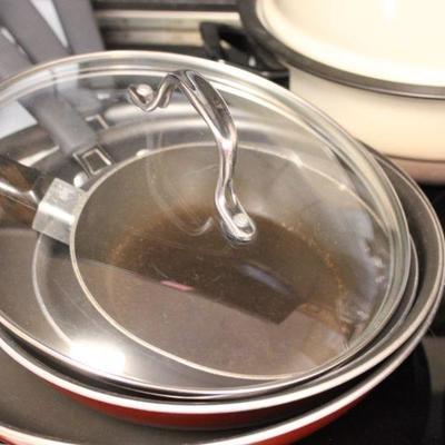 Lot 113 Pots & Pans; Calphalon, Tramontina, Porcelain Enamel, Griddles