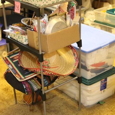 Lot 155 Rack, Sewing Items & Bins w/ Fabric & more!