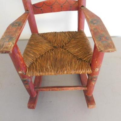 Vintage Solid Wood Frame Large Doll Rocker with Rush Seat and Hand Painted 18