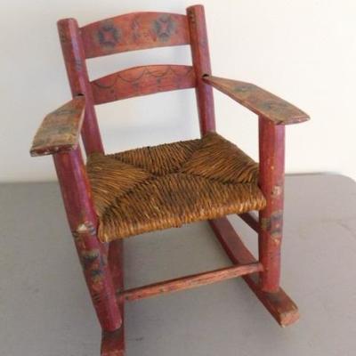 Vintage Solid Wood Frame Large Doll Rocker with Rush Seat and Hand Painted 18