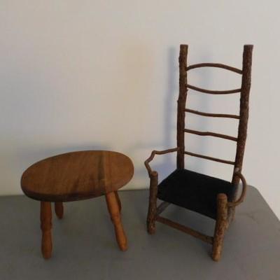Vintage Primitive Twig Shaker Chair and Foot Stool for Large Dolls or Plush Collectibles 22