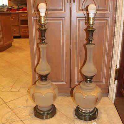 Two Vintage Frosted Glass Tall Lamps with Gold
