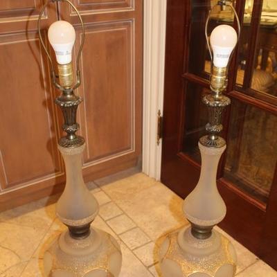 Two Vintage Frosted Glass Tall Lamps with Gold