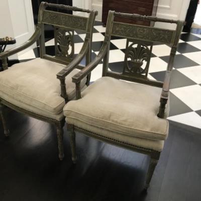 (2) One Pair Antique French Painted Chairs 22”W x 18”D x 35”H