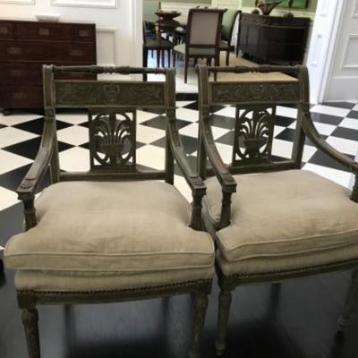 (2) One Pair Antique French Painted Chairs 22”W x 18”D x 35”H