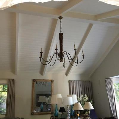 Large Chandelier Wood Stem Fluted Column French Wired Light Fixture Lighting from Pacific Design Center