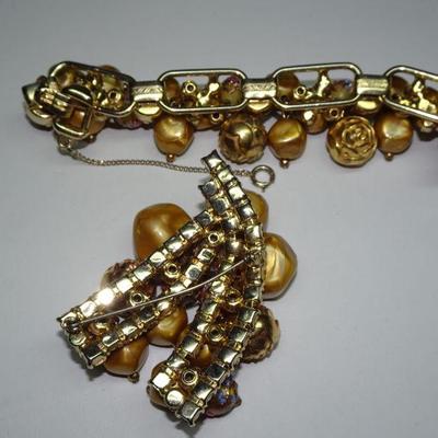 MCM Gold Tone Rhinestone Brooch & Bracelet, Great Fall Colors! 