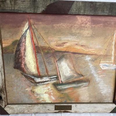 LOT # 582 Vintage Artwork Framed in Material from the Original Hull of the US Frigate Constitution Keel Laid 1794 Rebuilding 1927