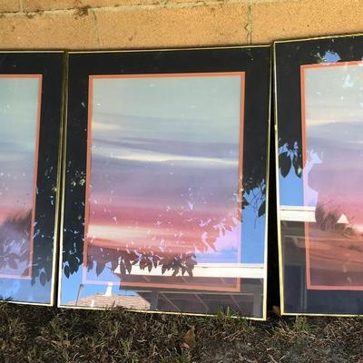 3 pc lot, framed vintage prints of mountain sunset, brass frame, pinks blues 70's era