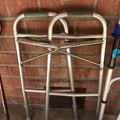 4 Piece LOT of walking impaired medical devices, 2 walkers, 1 cane, 1 pair of crutches