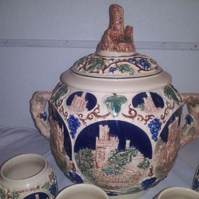 European Antique Punch Set with Eight Mugs 