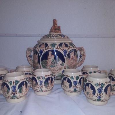 European Antique Punch Set with Eight Mugs 