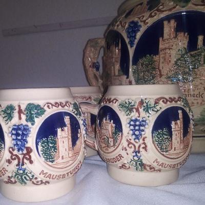 European Antique Punch Set with Eight Mugs 