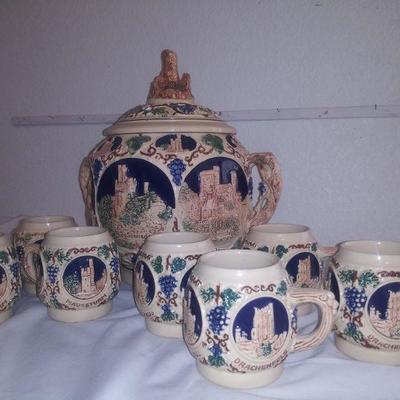 European Antique Punch Set with Eight Mugs 