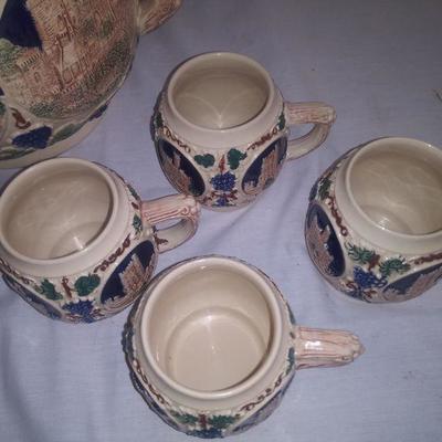 European Antique Punch Set with Eight Mugs 
