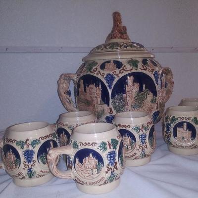 European Antique Punch Set with Eight Mugs 
