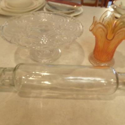 LOT 163 VINTAGE GLASS ROLLING PIN & CANDY DISH