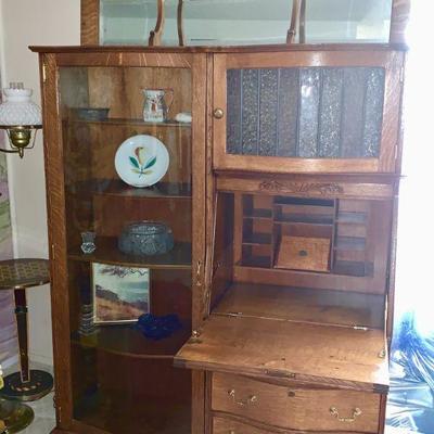 #18  ANTIQUE LARGE DROP FRONT OAK SECRETARY CURVED GLASS DOOR ELEVATED TOP SHELF