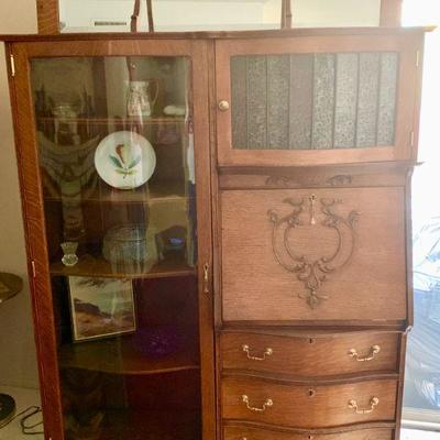 #18  ANTIQUE LARGE DROP FRONT OAK SECRETARY CURVED GLASS DOOR ELEVATED TOP SHELF