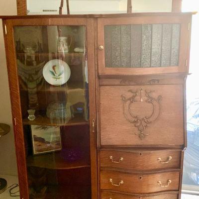 #18  ANTIQUE LARGE DROP FRONT OAK SECRETARY CURVED GLASS DOOR ELEVATED TOP SHELF